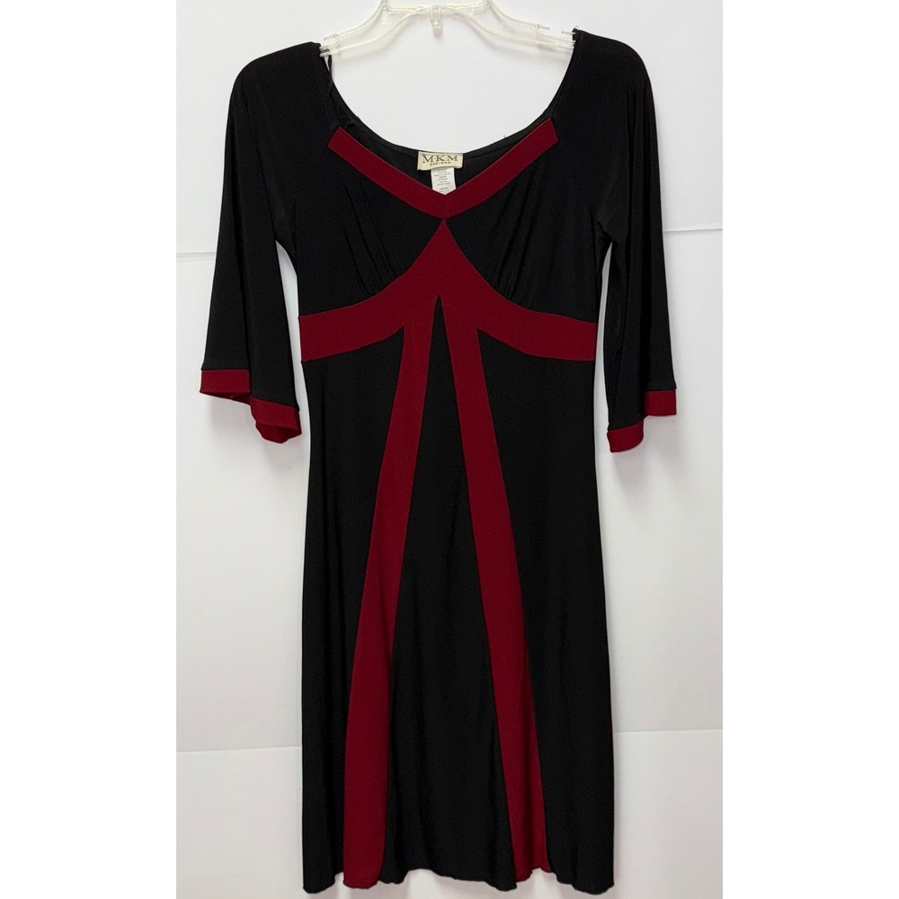 VTG MKM Designs Black/Burgundy Fit & Flare 3/4 Sleeves Babydoll Midi Dress S Y2K